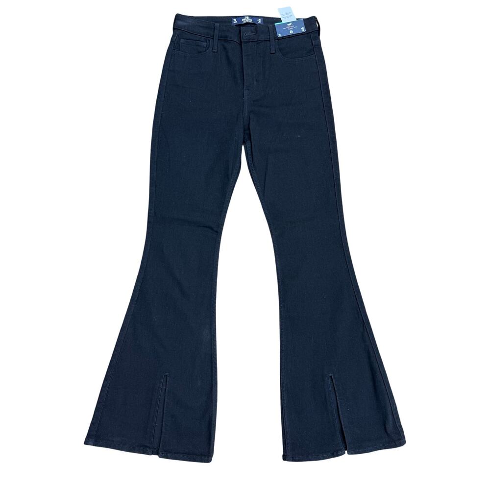 Hollister Women’s Black High Rise Flare Jeans Front Slit Hem Size 7R W28 L31 NWT